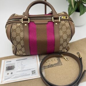Gucci GG Canvas Boston Bag with Pink/Brown Web Stripe